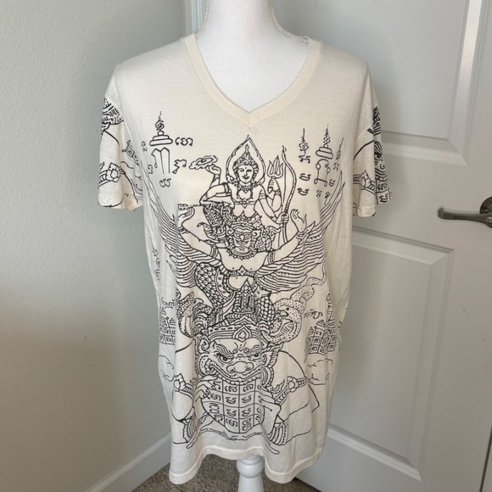 Work Thai Deity Graphic V-Neck T-Shirt Cream Black Line Art Garuda Mens Large